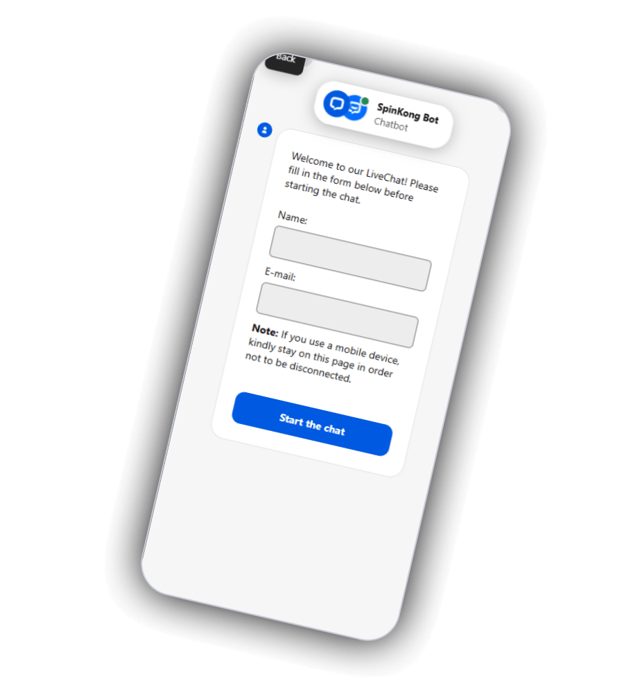 SpinKong Casino contact and support panel with live chat button, English support email and KYC email