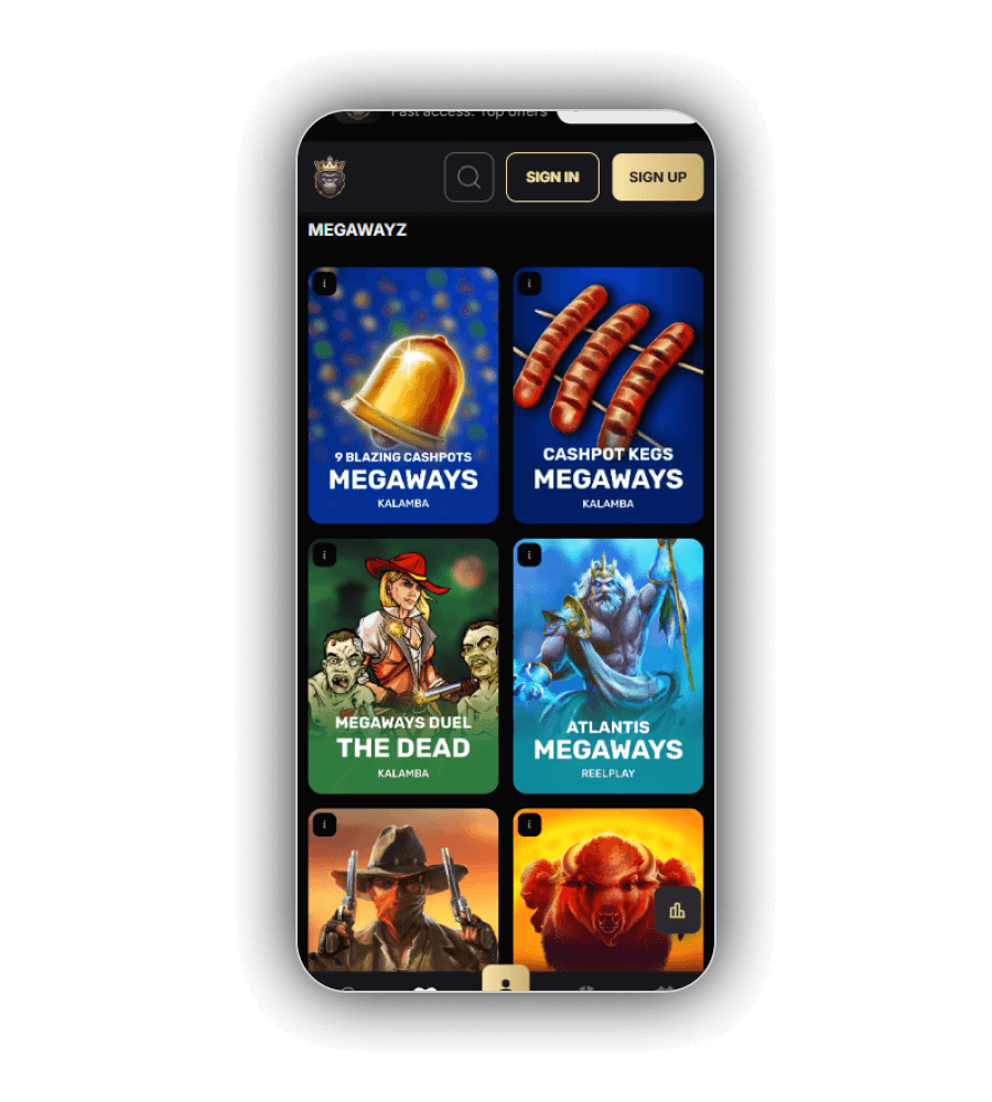 SpinKong Casino games lobby with slot tiles from Pragmatic Play, Hacksaw Gaming, BGaming and Play'n GO
