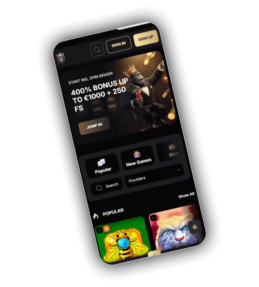 SpinKong Casino lobby view with featured tiles, category shelves, jackpot ticker and search bar