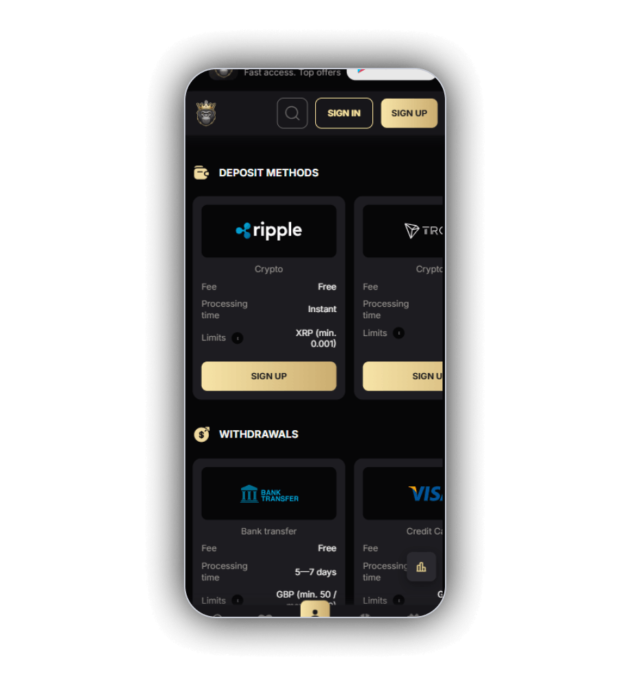 SpinKong Casino payment methods screen listing Visa, Mastercard, bank transfer and fifteen crypto rails