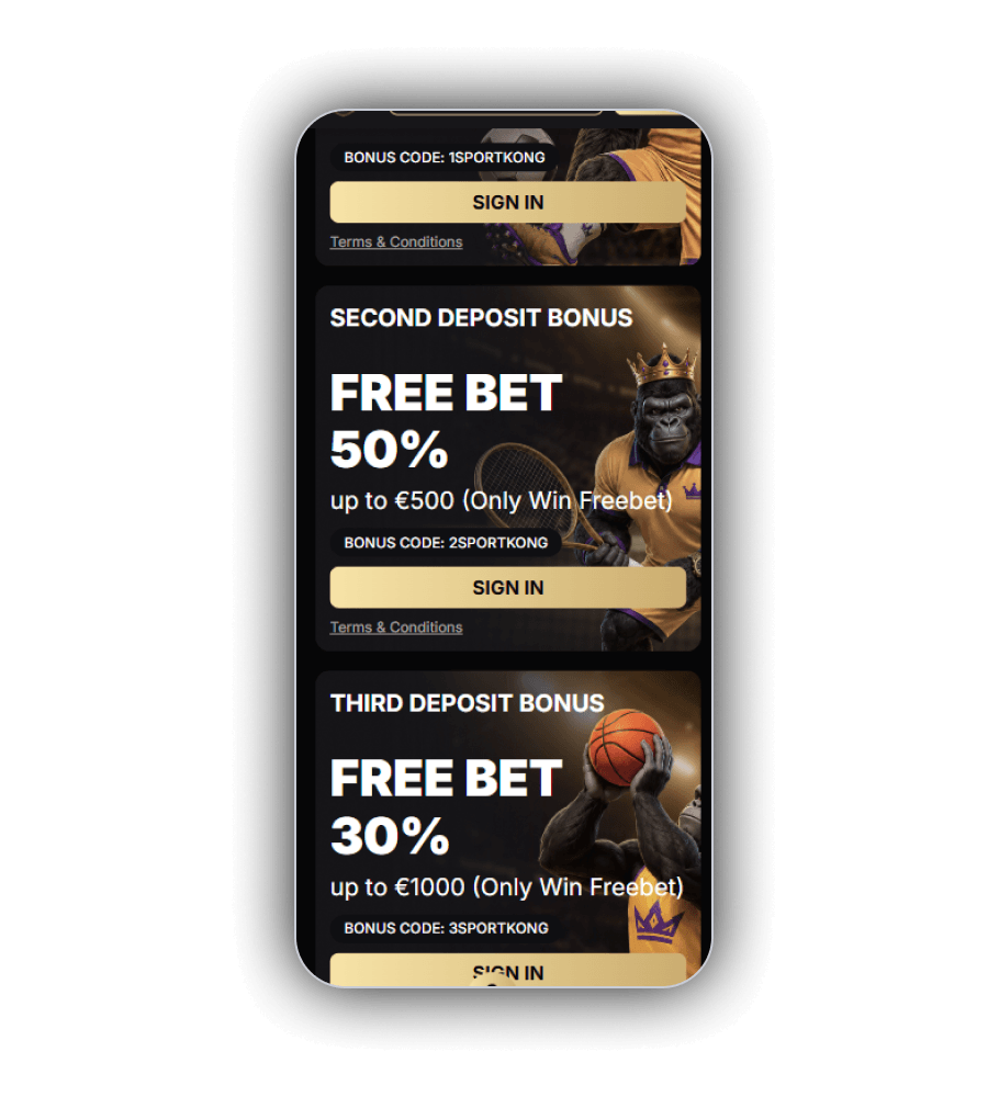 SpinKong Casino promotions screen with KONGSTART welcome package, deposit two and deposit three matches, high-roller track and crypto pack