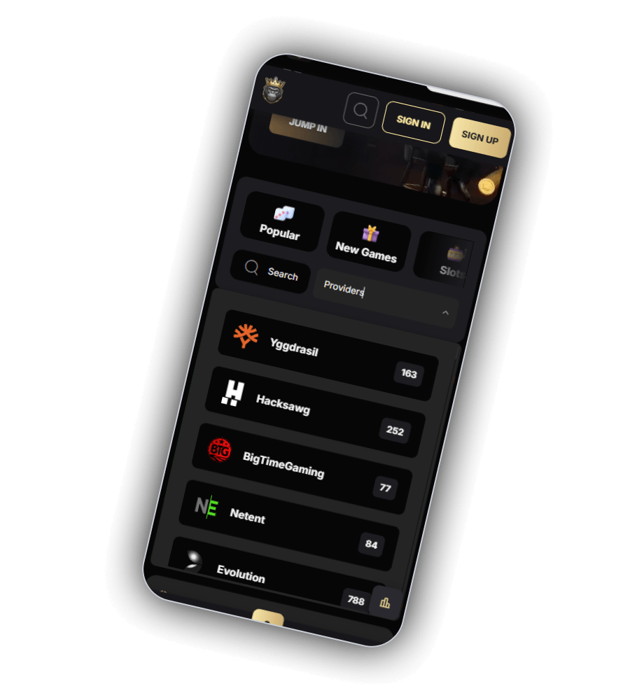 SpinKong Casino game providers grid listing the 65 studios that supply the lobby