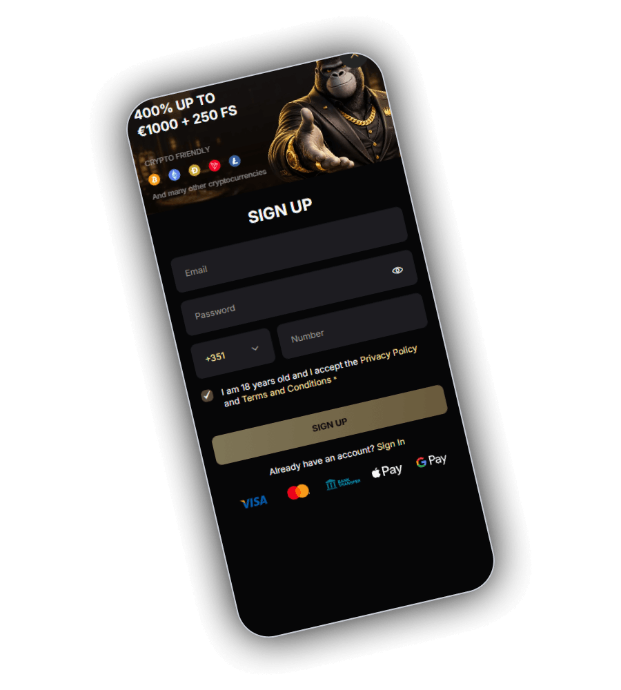 SpinKong Casino registration form with email, password, currency selector and marketing opt-in