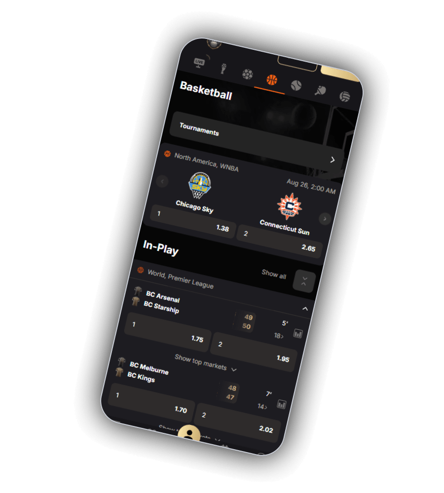 SpinKong Casino sportsbook screen with football pre-match markets, in-play tennis coupon and live basketball prices